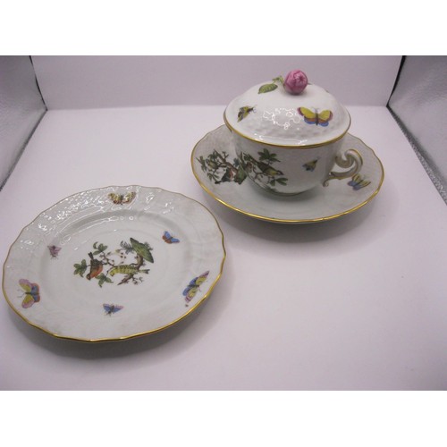 245 - A Herend Rothschild Patter 2 handled chocolate cup and cover with saucer and matching small plate