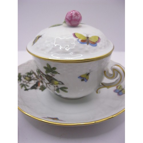 245 - A Herend Rothschild Patter 2 handled chocolate cup and cover with saucer and matching small plate