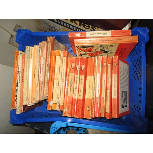 218 - Two trays of pelican books including technical reading and some fiction.