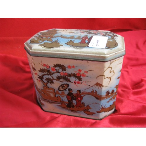 47 - A metal hinged lidded tin with a scene from a Japanese garden, in good condition for age probably 19... 