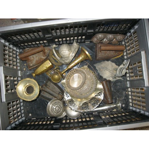 283 - A crate of metal items to including silver plate ,old irons ,vases and other items as per pictures