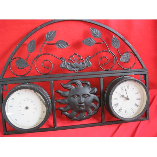 284 - A wrought iron framed outdoor Clock and temperature gauge.