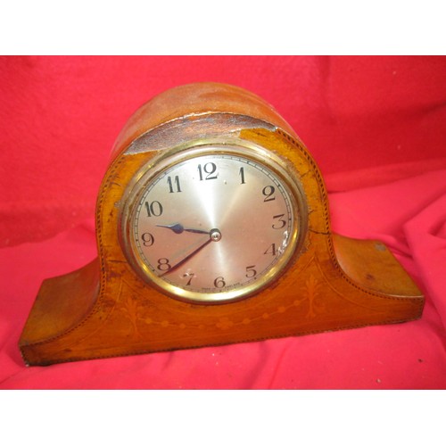 295 - A nicely inlaid small Napoleon's hat mantle clock, runs, not checked for accuracy or duration