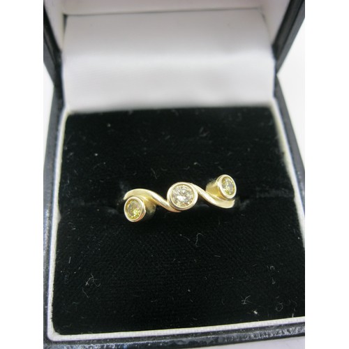 220 - A hallmarked 9 carat gold Thomas Rae ring set with 3 natural yellow fancy diamonds total 1/3 carat, ... 