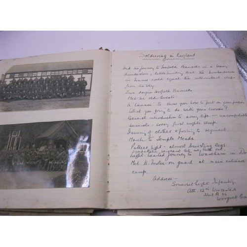 149 - Local Interest - A WW1 diary/scrapbook containing photographs, letters, postcards, leave passes comp... 