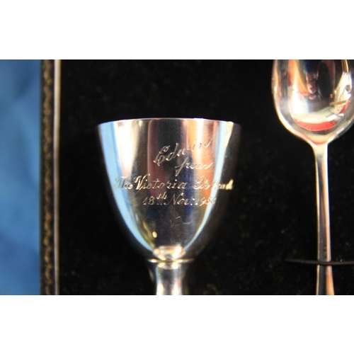 145 - A silver egg cup and spoon in a fitted case, hallmarks for London 1957, 53g approx weight