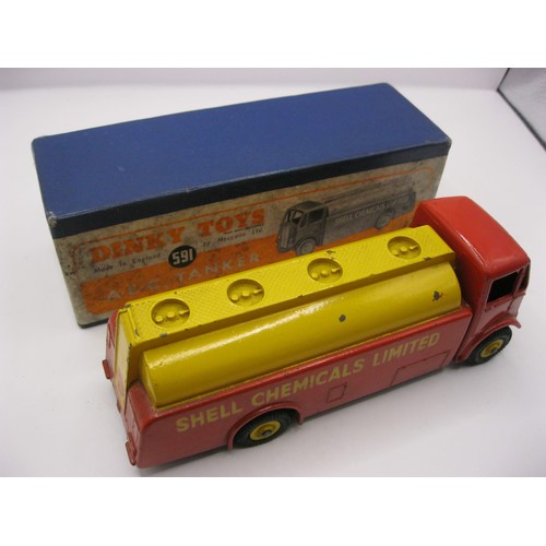 198 - A Dinky Toys #591 AEC Tanker with original decals for Shell Chemicals Ltd, boxed and in very good or... 