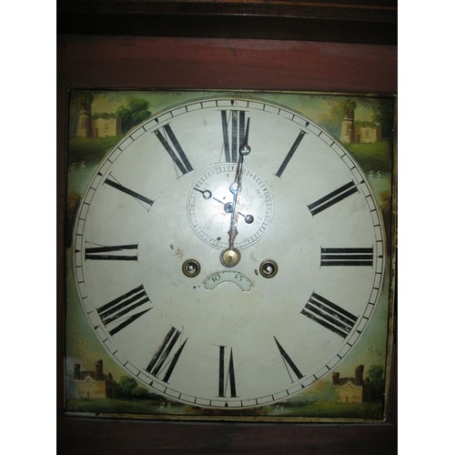 205 - An imposing late 18th or early 19th century grandfather clock with painted dial, complete, was runni... 