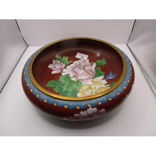 18 - Chinese Cloisonne bowl approx 9 inches across in pristine condition.