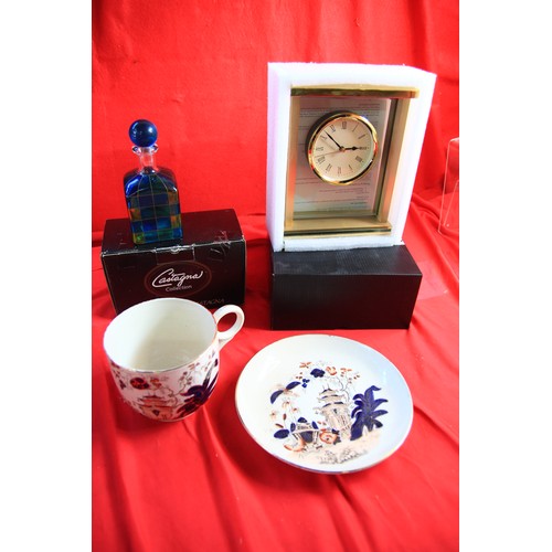 40 - Stoppered glass bottle, John Lewis 'Athena'  quartz clocked, boxed, plus a Victorian Imari cup and s... 