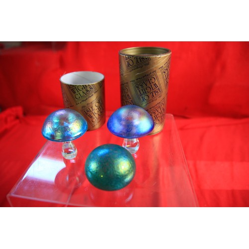 45 - Two Heron Isle of Wight Glass mushrooms, boxed, plus a Rainbow Gaia crystal domed paperweight, boxed