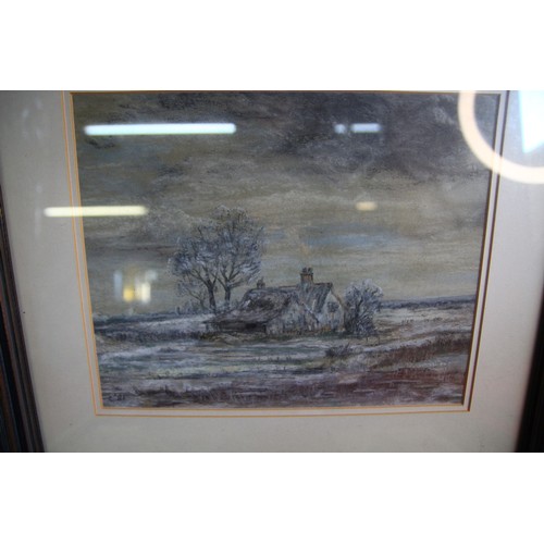 79 - Two framed comical Golf pictures along with a framed pastel of a deserted cottage in  very bleak sur... 