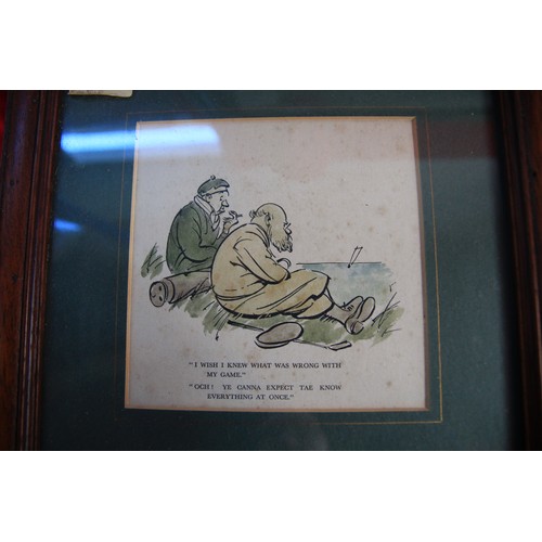 79 - Two framed comical Golf pictures along with a framed pastel of a deserted cottage in  very bleak sur... 