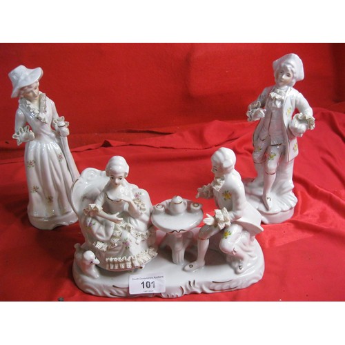 90 - Three continental porcelain figurines a gentleman and a lady along with a seated couple having after... 