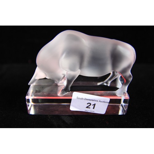 21 - A Lalique Fighting bull on glass base in immaculate condition with no nibbles of any sort.