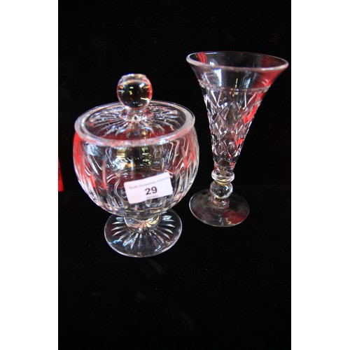 29 - A cut glass lidded bowl in pristine condition along with a similar cut glass vase