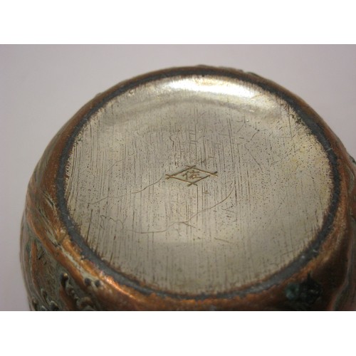 191 - A small but heavy Chinese copper pot, covered in copper, with ornate dragon chasing pearl design to ... 