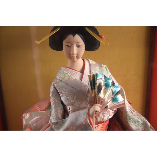 154 - A 1920s Japanese traditional Geisha doll, with porcelain face, in glazed display cabinet of some age... 