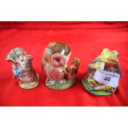 46 - Three Beswick Beatrix Potter figures - Miss Moppet, Old Mr Brown, and Mr Jeremy Fisher. All have bro... 