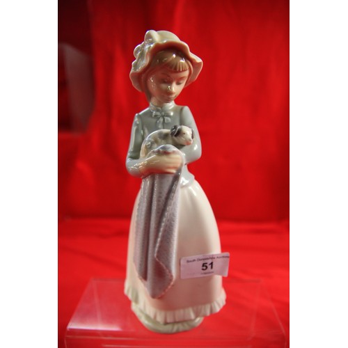 51 - Nao figure of girl in bonnet with puppy, 24.5cm