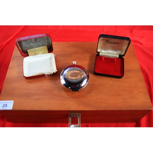 25 - Wooden storage box, probably intended for watches, hinged lid with twin compartment interior lined w... 