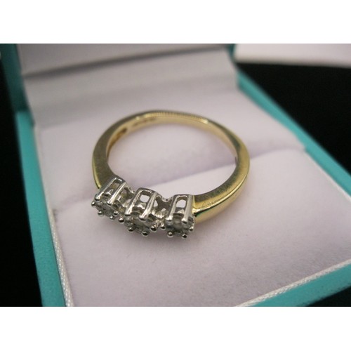 289 - A 9 carat gold ring set with 3 individual diamond clusters, very decorative, size N, approx weight 2... 