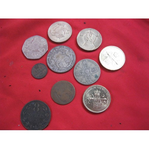 191 - A bag of Assorted coins and badges including a Victoria half farthing, George V 1/2 Crown & florin a... 