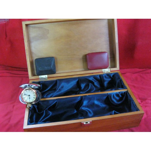 25 - Wooden storage box, probably intended for watches, hinged lid with twin compartment interior lined w... 