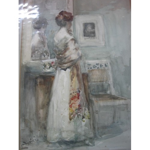 151 - Albert Ludovici (1852-1932)- interior with woman in dress, mantel mirror and chair, watercolour and ... 