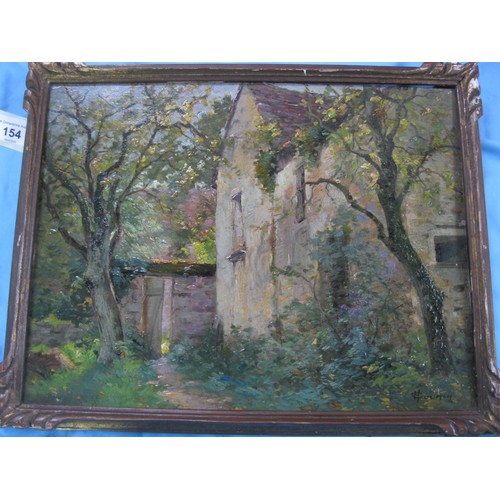 154 - Henri Gounin (b1850) - garden scene with house and trees, oil on board, (26cm x 34cm), signed lower ... 