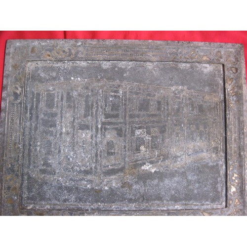 150 - An extensively weathered plaque engraved with a building and a partially legible presentation inscri... 