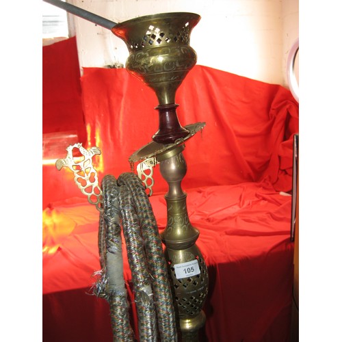 105 - Middle eastern brass hookah, baluster column on circular foot, height about 154cm, some fittings sli... 