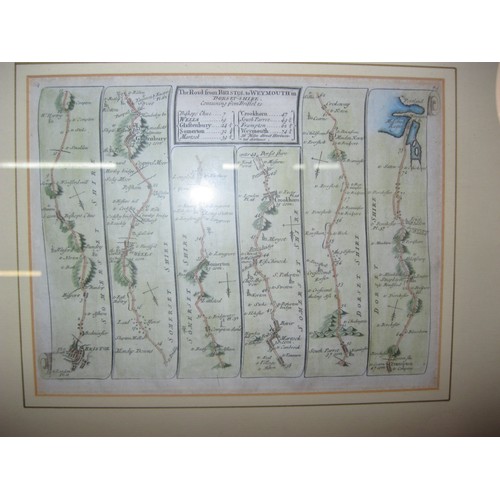 246 - The Road from Bristol to Weymouth - antique Thomas Kitchin map from 1767, later colouring, framed an... 