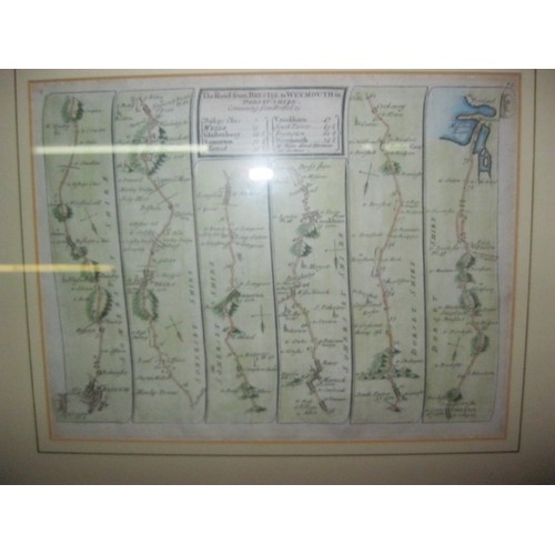 246 - The Road from Bristol to Weymouth - antique Thomas Kitchin map from 1767, later colouring, framed an... 