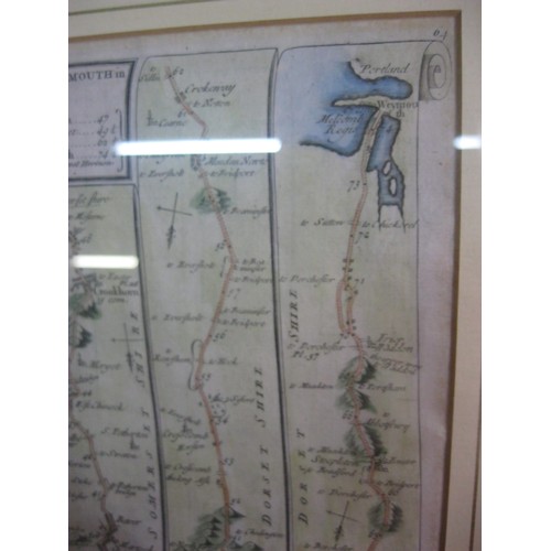 246 - The Road from Bristol to Weymouth - antique Thomas Kitchin map from 1767, later colouring, framed an... 