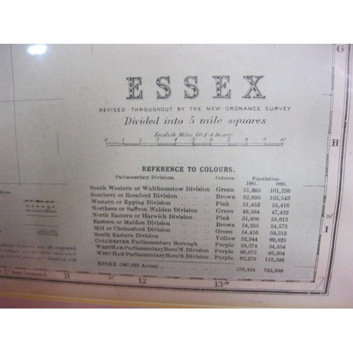 249 - A Bacon's Geographical framed and glazed map of Essex, fold to centre but otherwise in good order, c... 