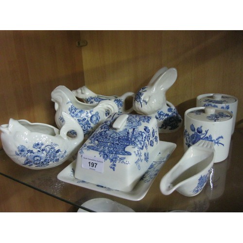 197 - Fieldings Crown Devon blue and white flower basket pattern pottery - a cow creamer, chicken jug, fis... 