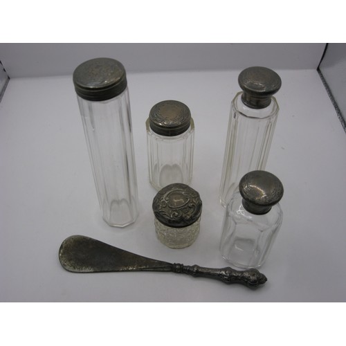7 - Five Silver-topped Jars and Silver-handled Shoe Horn