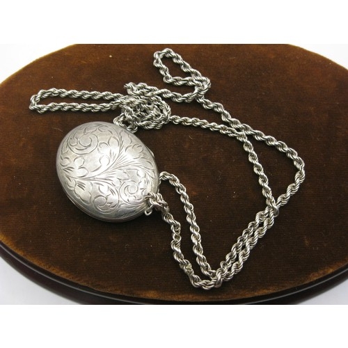 9 - Large Hallmarked Silver Oval Locket on Rope Chain 37gm