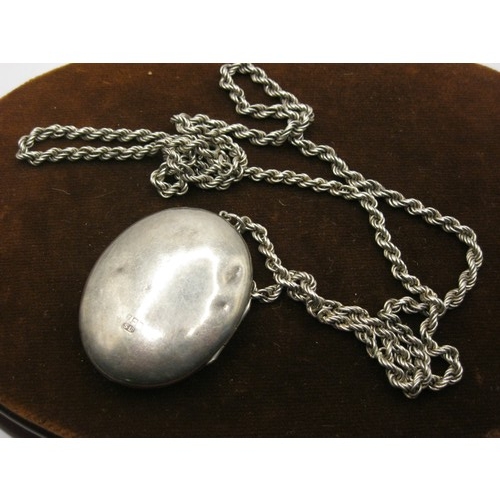 9 - Large Hallmarked Silver Oval Locket on Rope Chain 37gm