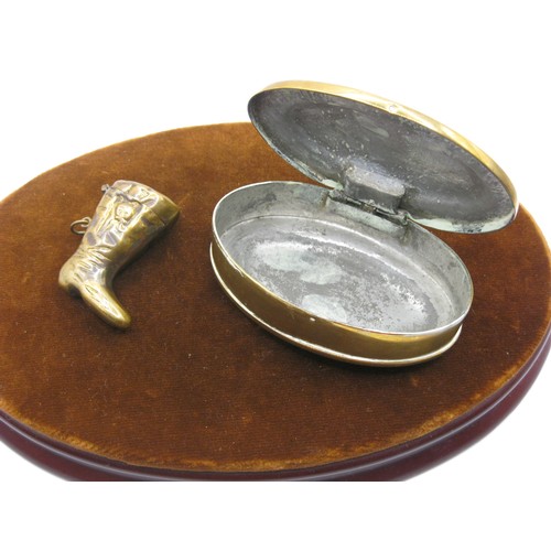 33 - A Victorian Novelty Brass Vesta Case in the form of a Boot and a Heavy Gauge Brass Snuff Box