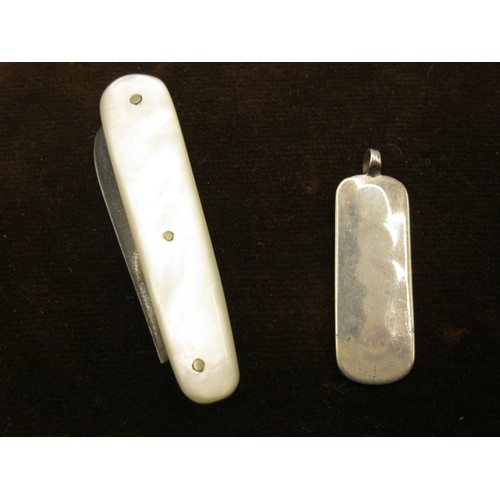 51 - A Silver and Mother of Pearl Folding Fruit Knife, together with a small Silver Ingot Pendant
