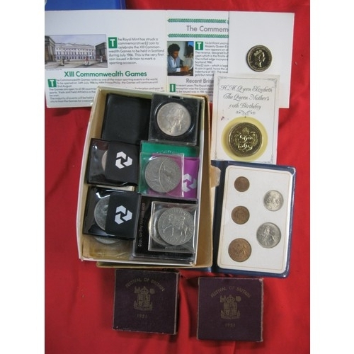 110 - A box containing commemorative crown and £2 coins plus a pair of Festival of Britain crowns in origi... 