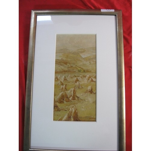 114 - A framed and glazed watercolour of wheatsheaves in a field, signed lower right H M Lendis 1913
