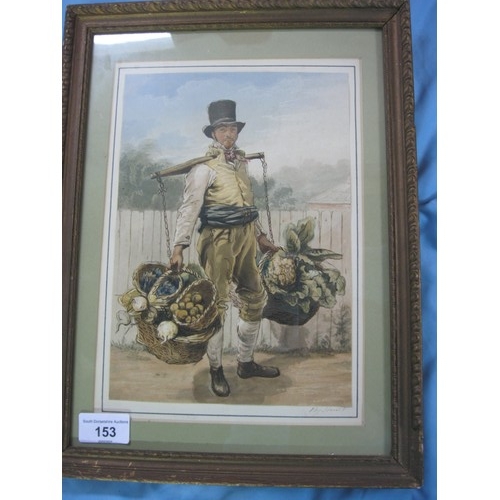 159 - 19th century coloured print of yoked vegetable seller (25cm x 17.5cm) annotated 'By Hunt' to the mou... 