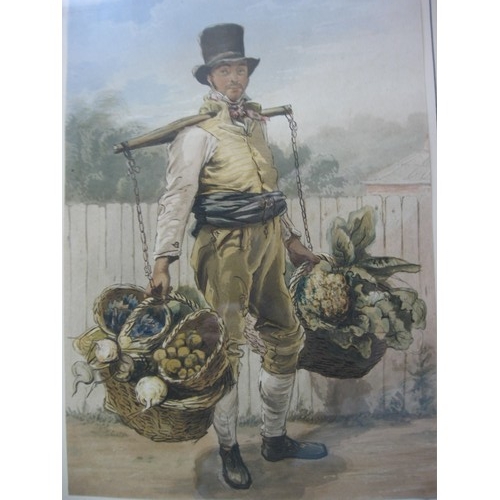 159 - 19th century coloured print of yoked vegetable seller (25cm x 17.5cm) annotated 'By Hunt' to the mou... 