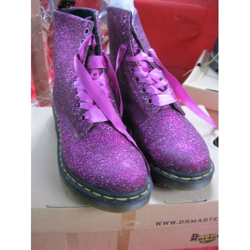 281 - A pair of boxed ladies Dr Marten's boots, spangly purple leather finish, with tags, unworn, size UK6