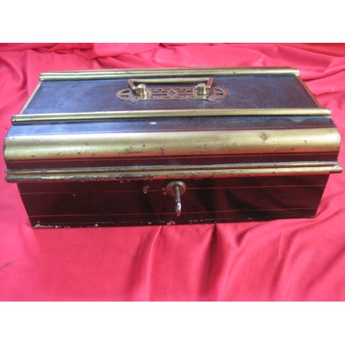 96 - An antique strongbox with internal fittings and key