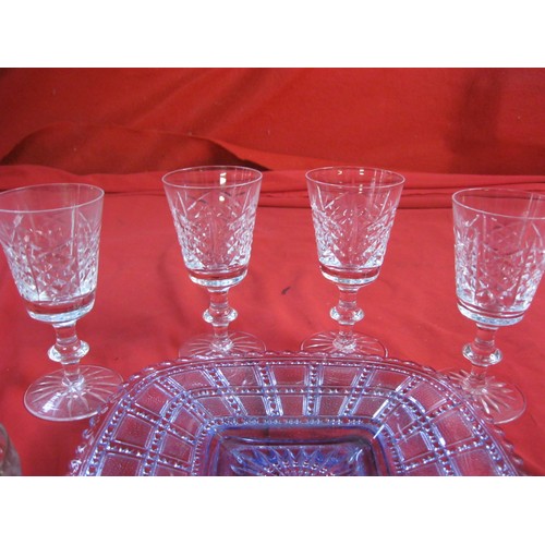 31 - A mid twentieth century square glass serving plate, four Edinburgh sherry glasses, and four German l... 