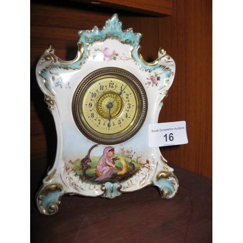 16 - A continental porcelain mantel clock, transfer and hand decorated with Sylvan scenes of children ten... 
